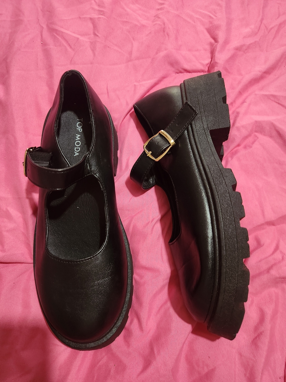 TOP Moda Black Mary Jane Loafers with Gold Buckle